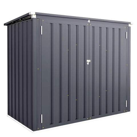 Dark grey Outdoor Trash Can Storage Shed With 46 Cu Ft Capacity, Waterproof Horizontal Cabinet showing lockable double doors.