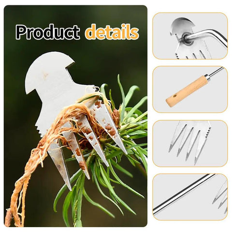 Close-up of two pack stainless steel hand weeder tools for garden and farm with wood handles, showcasing V-shape and four teeth design.