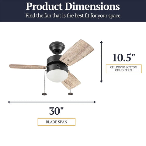 30 Inch Contemporary Indoor LED Ceiling Fan With Light, Pull Chain, Dual Mounting Options, Reversible Motor, Dual Finish Blades In Bronze With Energy Efficient LED Light Kit And Quiet Operation Perfect For Living Rooms