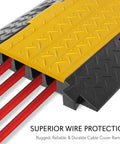 Heavy Duty Cable Protector Ramp Cover With Flip Open Top For Indoor Outdoor Use 4 Channel Cord Protection Waterproof Holds Up To 33000lbs Per Ramp 31.5 By 16.1 By 3.14 Inches 2 Pack Black And Yellow showing lifted cover and red cords inside