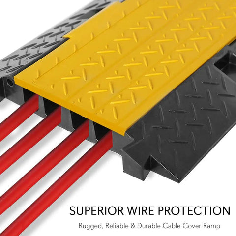 Heavy Duty Cable Protector Ramp Cover With Flip Open Top For Indoor Outdoor Use 4 Channel Cord Protection Waterproof Holds Up To 33000lbs Per Ramp 31.5 By 16.1 By 3.14 Inches 2 Pack Black And Yellow showing lifted cover and red cords inside