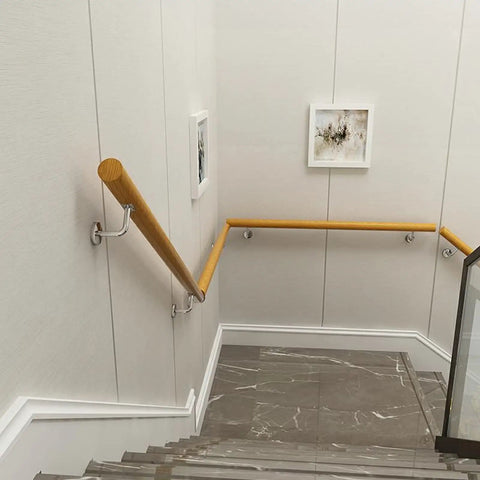 Solid Wood Stair Handrail Thirteen Foot Non Slip Wall Mounted Grab Bar Built Tough For Home Stairs And Deck With Secure Grip Texture And Rock Solid Support For Safe Steps Every Day in a stairway.