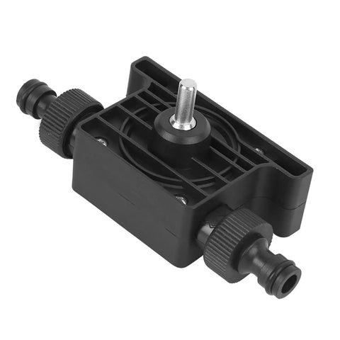 Compact Electric Drill Water Pump For Rapid Fluid Transfer, Drains Oil Or Waste Fast At 30 Liters Per Minute With Direct Drill Connection And 15mm Port, showing black plastic pump structure.