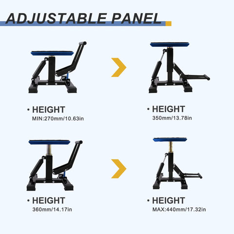 POLARBEAR blue dirt bike stand with adjustable center jack; four views show height range 270–440 mm.