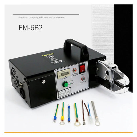Heavy Duty Electric Terminal Crimping Machine With Nine Interchangeable Steel Dies Delivers Zero Sweat Cold Crimping Operations For Knockout Speed Wire Termination with display of terminals.