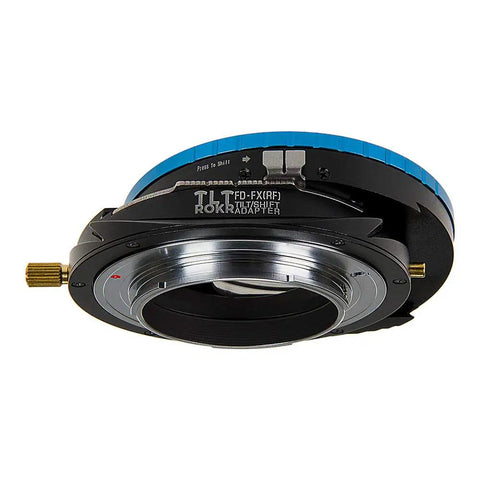 Tilt Shift Lens Mount Adapter For Canon FD And FL Lenses To Fujifilm X Series Mirrorless, Lets You Shift Up To 20mm, Tilt Up To 10 Degrees, And Rotate 360 Degrees, Revives Vintage Glass, Built Tough With 2 Year Warranty. black metal Canon FD-FX adapter with blue tilt ring