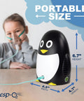 Kid Friendly Penguin Nebulizer Kit With Portable Compressor For Easy Breathing Pediatric Aerosol Nebulizer System Quiet Durable On The Go Great For Asthma And Allergy Relief Pack Of 4 showing size dimensions with child using it