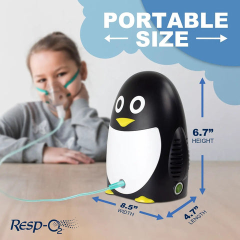 Kid Friendly Penguin Nebulizer Kit With Portable Compressor For Easy Breathing Pediatric Aerosol Nebulizer System Quiet Durable On The Go Great For Asthma And Allergy Relief Pack Of 4 showing size dimensions with child using it