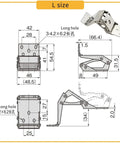 Diagram of thickened 304 stainless steel inner door hinge for four-axis cabinets, L size, showing dimensions and structure.