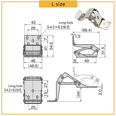 Diagram of thickened 304 stainless steel inner door hinge for four-axis cabinets, L size, showing dimensions and structure.