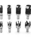 Straight Up Badass Eight Piece Wood Plug Cutter Drill Bit Set With Tapered And Straight Cutters for DIY projects, featuring tapered and straight bits.