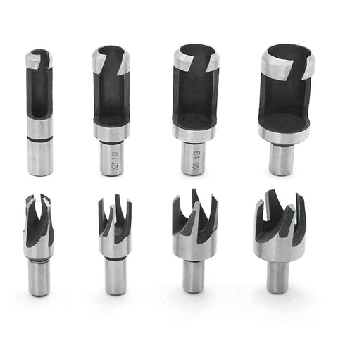 Straight Up Badass Eight Piece Wood Plug Cutter Drill Bit Set With Tapered And Straight Cutters for DIY projects, featuring tapered and straight bits.