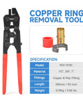 Copper ring removal tool with red handles for All-In-One PEX Crimp Tool Kit For One Half And Three Quarter Inch Copper Crimp Rings.