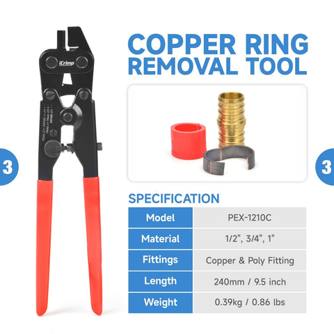 Copper ring removal tool with red handles for All-In-One PEX Crimp Tool Kit For One Half And Three Quarter Inch Copper Crimp Rings.