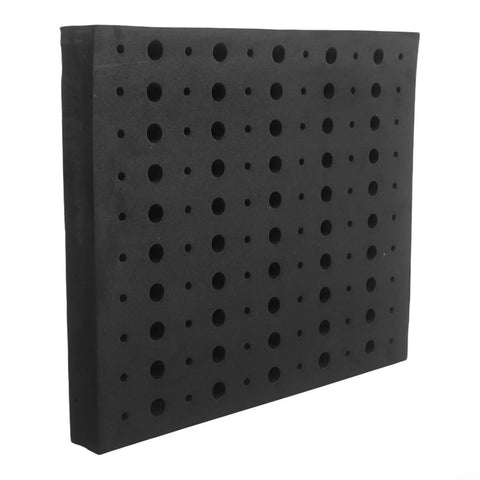 Heavy Duty Foam Router Bit Storage Organizer Tray Featuring 110 Snug Cutouts For 1/4 Inch And 1/2 Inch Shank Bits side view with holes for organization.