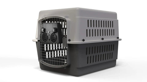 Vortex Kennel And Crate Fan With Dual Speed Operation 120V Or Rechargeable Battery attached to a gray pet crate