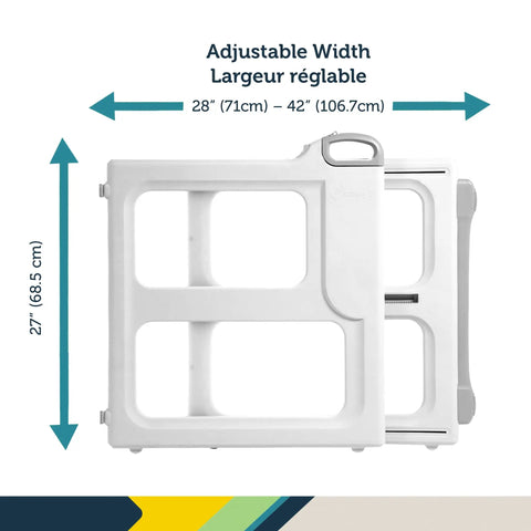 Adjustable White Baby Safety Gate With Dual Mount Capability, Pressure Mount Or Hardware Mount, Extends From 28 To 42 Inches, Ideal For Stairs And Doorways, Kid Proof, Easy Install, Durable For Busy Homes, shown flat measuring 28 to 42 inches wide and 27 inches tall.