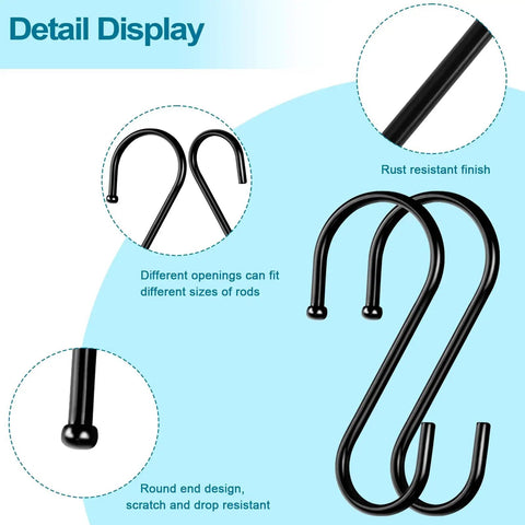 Detail display of Heavy Duty 3.5 Inch S Hooks Set of 24 Black Metal S Shaped Hooks, highlighting rust-resistant finish and design features.
