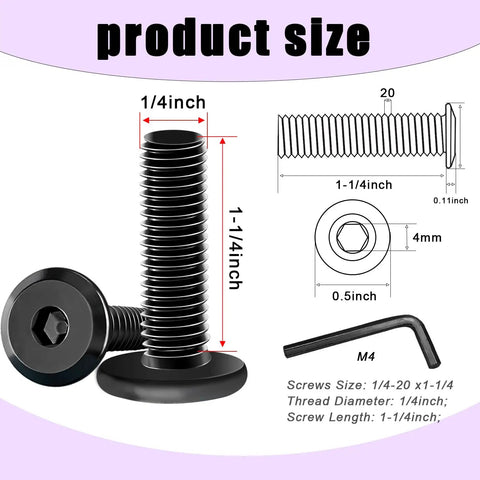 Heavy Duty Built To Last One Quarter By Twenty Threads Flat Head Socket Screws For Furniture Bolts Fully Threaded 304 Stainless Steel Black Zinc Plated Countersunk Connector Screws With Hex Spanner displayed with dimensions and hex spanner