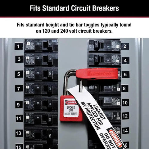 Red Circuit Breaker Lockout For Standard Single And Double Toggles No Fuss Tagout Box Lock With Grip Tight Design 24 Amps OSHA Compliant Safety Lockout Solution For 120 And 240 Volt Breakers installed on a breaker panel.