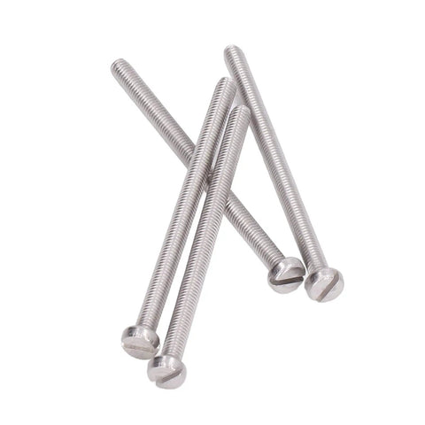 50 Pack M3 Stainless Steel Slotted Cheese Head Screws for Machines Electronics and Tools, showing close-up of four screws.