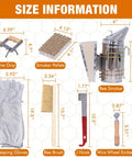 14 Piece Beekeeping Tools Kit With Bee Smoker, showing frame grip, smoker pellets, gloves, bee brush, J hook, wire wheel with size info