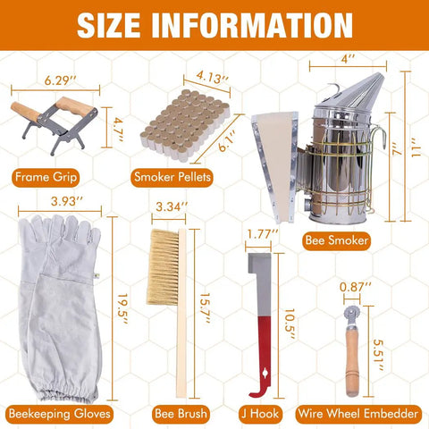 14 Piece Beekeeping Tools Kit With Bee Smoker, showing frame grip, smoker pellets, gloves, bee brush, J hook, wire wheel with size info