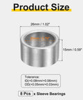 Hella Durable 8 Pack Sleeve Bearings 20mm Bore 26mm OD X 15mm Length Self Lubricating Sintered Iron Bushings with size details.
