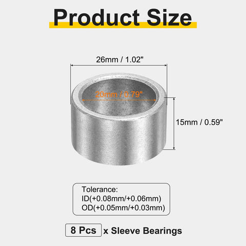Hella Durable 8 Pack Sleeve Bearings 20mm Bore 26mm OD X 15mm Length Self Lubricating Sintered Iron Bushings with size details.