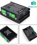 Powerful Digital CNC Stepper Motor Driver For DIY CNC Machining, 2.2A to 8.2A Peak Current, Works With 20-110V AC Or 20-160V DC, Ultra Fast 300KHz Pulse Response, 16 Subdivision Modes (400 to 51200), Easy Setup And Precise Motion Control. Black CNC stepper motor driver with green terminal blocks, heatsink, and top label.