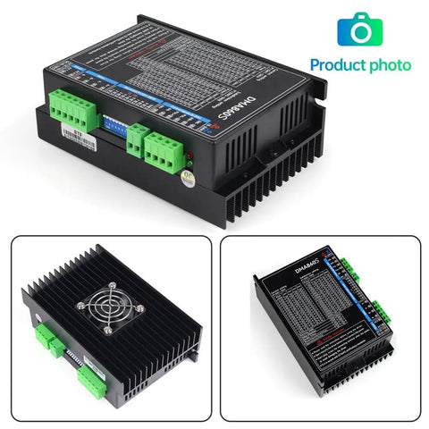 Powerful Digital CNC Stepper Motor Driver For DIY CNC Machining, 2.2A to 8.2A Peak Current, Works With 20-110V AC Or 20-160V DC, Ultra Fast 300KHz Pulse Response, 16 Subdivision Modes (400 to 51200), Easy Setup And Precise Motion Control. Black CNC stepper motor driver with green terminal blocks, heatsink, and top label.