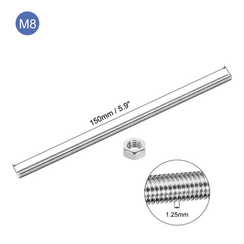 2 Pack M8 By 150Mm Fully Threaded Rods With 4 Hex Nuts 1.25Mm Pitch 304 Stainless Steel Heavy Duty Right Hand Threaded Rods