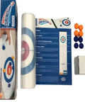 Hovering Curling Game Set For Home Use With 8 Realistic Stones And Floor Mat showing packaging, stones, mat, and instructions.
