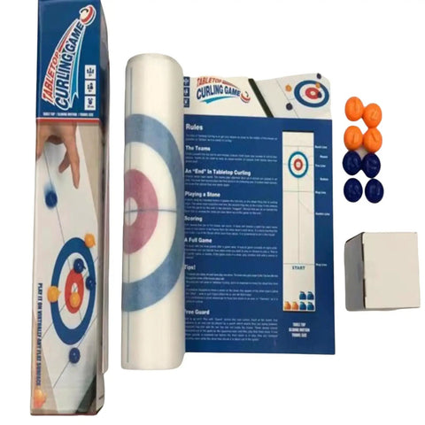 Hovering Curling Game Set For Home Use With 8 Realistic Stones And Floor Mat showing packaging, stones, mat, and instructions.