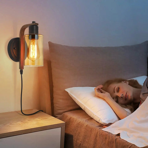 Amber Glass Plug In Wall Sconces Set Of 2 With Touch Dimmer Switch Dimmable Farmhouse Lighting beside sleeping woman