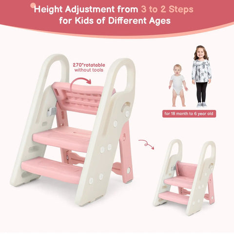 Pretty Darn Versatile Foldable Toddler Step Stool For Bathroom Sink And Kitchen Counter With Adjustable Height Settings and Safe Handles.