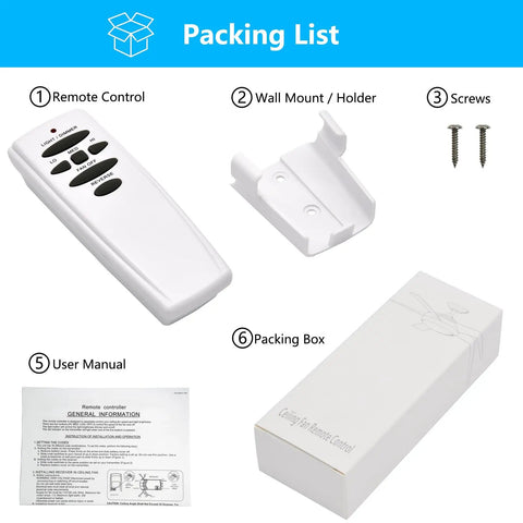 Packing list for Replacement Ceiling Fan Remote Control 303.9MHz With Reverse Light Dimmer And 3 Speed Wall Mount