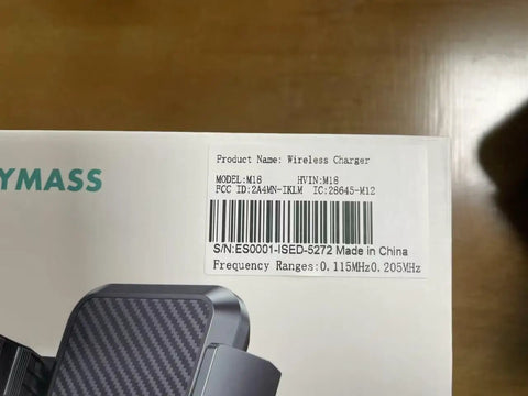 Close-up of the packaging showing model details of the 15W Fast Wireless Car Charger Mount With Auto Clamping Cord Free Hands Free Phone Holder For iPhone 16 15 14 13 12 Mini Pro Max 11 XR XS And Samsung Galaxy S24 Ultra S23 S22 Plus Note 20 Car Accessory For Road Trips.
