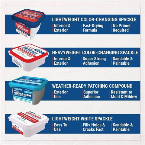 Comparison of spackle types including 8 Oz Premium Lightweight Color Changing Spackle Tub For Easy Patch Jobs On Walls And Ceilings
