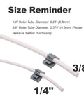 Fifteen Pack Adhesive RO Tubing Holder Clips For One Quarter Inch Water Filter Tubing Cable Management Mounts For Reverse Osmosis Systems Refrigerator And Under Sink Organization One Quarter Inch Tubing Mounting Clips showing size reminder for 1/4 inch and 3/8 inch tubes.