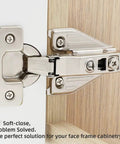 Close-up of 30 Pack Full Overlay Soft Close Cabinet Hinges For Kitchen Cabinets installed on a wooden cabinet door.