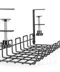 Under Desk Cable Management Tray Organizer for Cords and Wires no drill installation with clamps, black metal, easy mount.