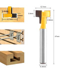 Premium Two Pack Yellow T Slot Cutter Router Bits Designed For 3 8 Inch And Half Inch Cutting Edges With Rock Solid One Quarter Inch Shank For Smooth Woodworking Cuts displayed with measurements and applications.