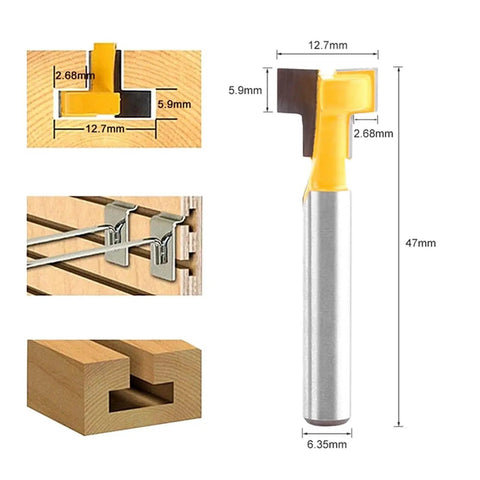Premium Two Pack Yellow T Slot Cutter Router Bits Designed For 3 8 Inch And Half Inch Cutting Edges With Rock Solid One Quarter Inch Shank For Smooth Woodworking Cuts displayed with measurements and applications.