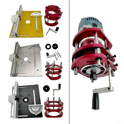Smooth Operator Aluminum Router Table Insert Plate With Rise And Fall Base Nondistorting Milling Flip Plate And Precision Miter Gauge For Effortless Woodworking Cuts Built Like A Tank Black components layout and close-up view of the router assembly.