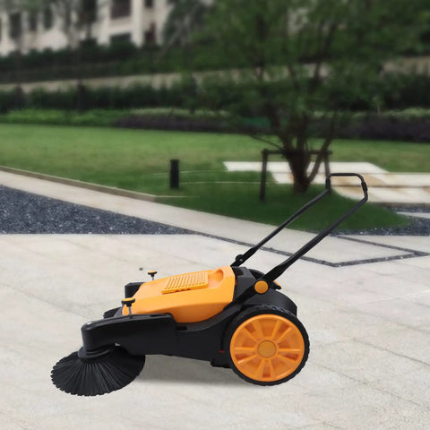 Workhorse Walk Behind Outdoor Sweeper, No Fuss Hand Push Pavement Cleaner With Generous Debris Hopper on paved surface.