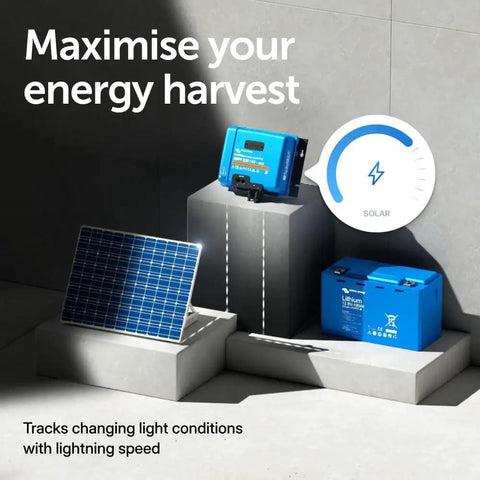 SmartSolar MPPT Charge Controller With Bluetooth 60A 250V MC4 NH354 with solar panel and battery display