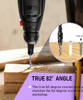 Five Piece Countersink Drill Bit Set Featuring True Eighty Two Degree Angle And One Quarter Inch Hex Shank Plus Matching Wood Plug Cutter backyard boss favorite rotary kit drilling into wood at 82-degree angle.