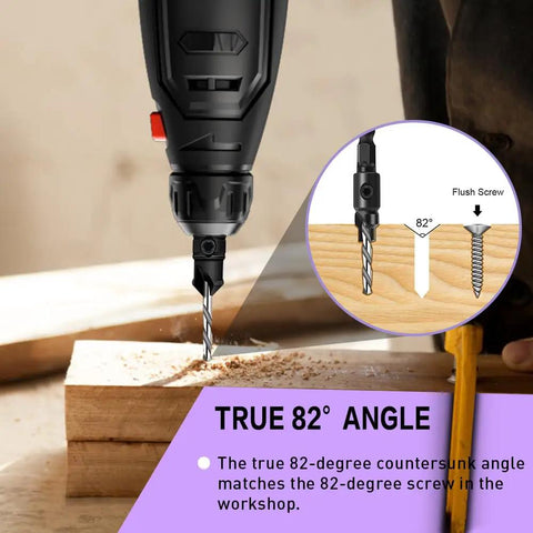 Five Piece Countersink Drill Bit Set Featuring True Eighty Two Degree Angle And One Quarter Inch Hex Shank Plus Matching Wood Plug Cutter backyard boss favorite rotary kit drilling into wood at 82-degree angle.