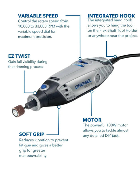 Heavy Duty 130 Watt Rotary Multi Tool Powerhouse Offering Variable Speed Control From 10000 To 33000 Rpm with detailed features.